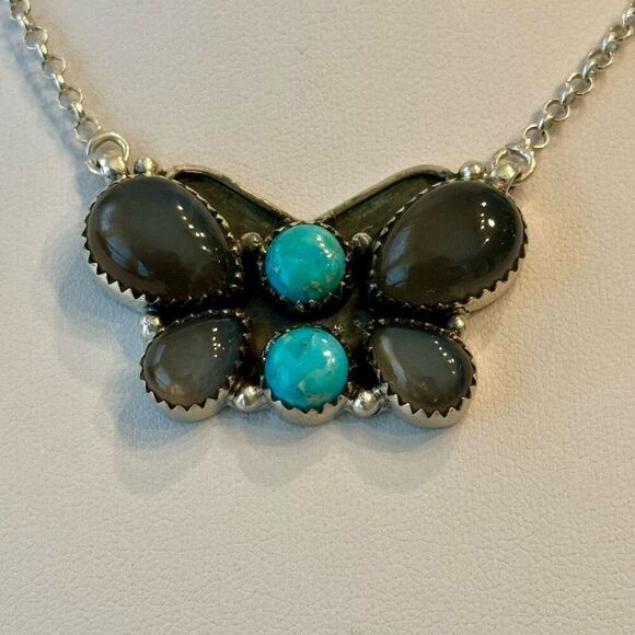 Stunning Turquoise & Labradorite Butterfly Pendant Necklace Sterling Silver New - Picture 3 of 5